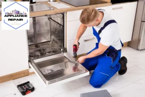 repairmen repairing dishwasher