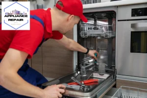repairman repairing dishwasher in the kitchen